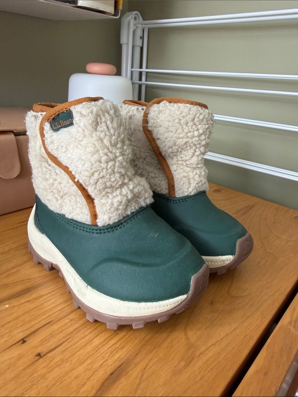 L.L. Bean Kids Green and Cream Sherpa Winter Boots